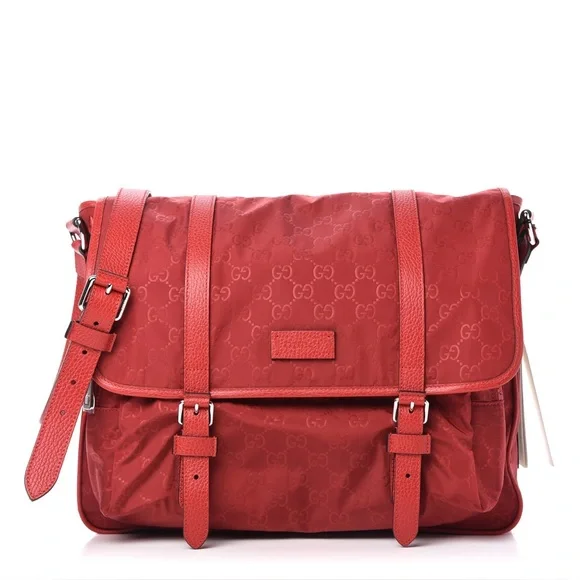 GUCCI Nylon Monogram Double Buckle Flap Messenger Bag Vibrant Red - Picture 2 of 16